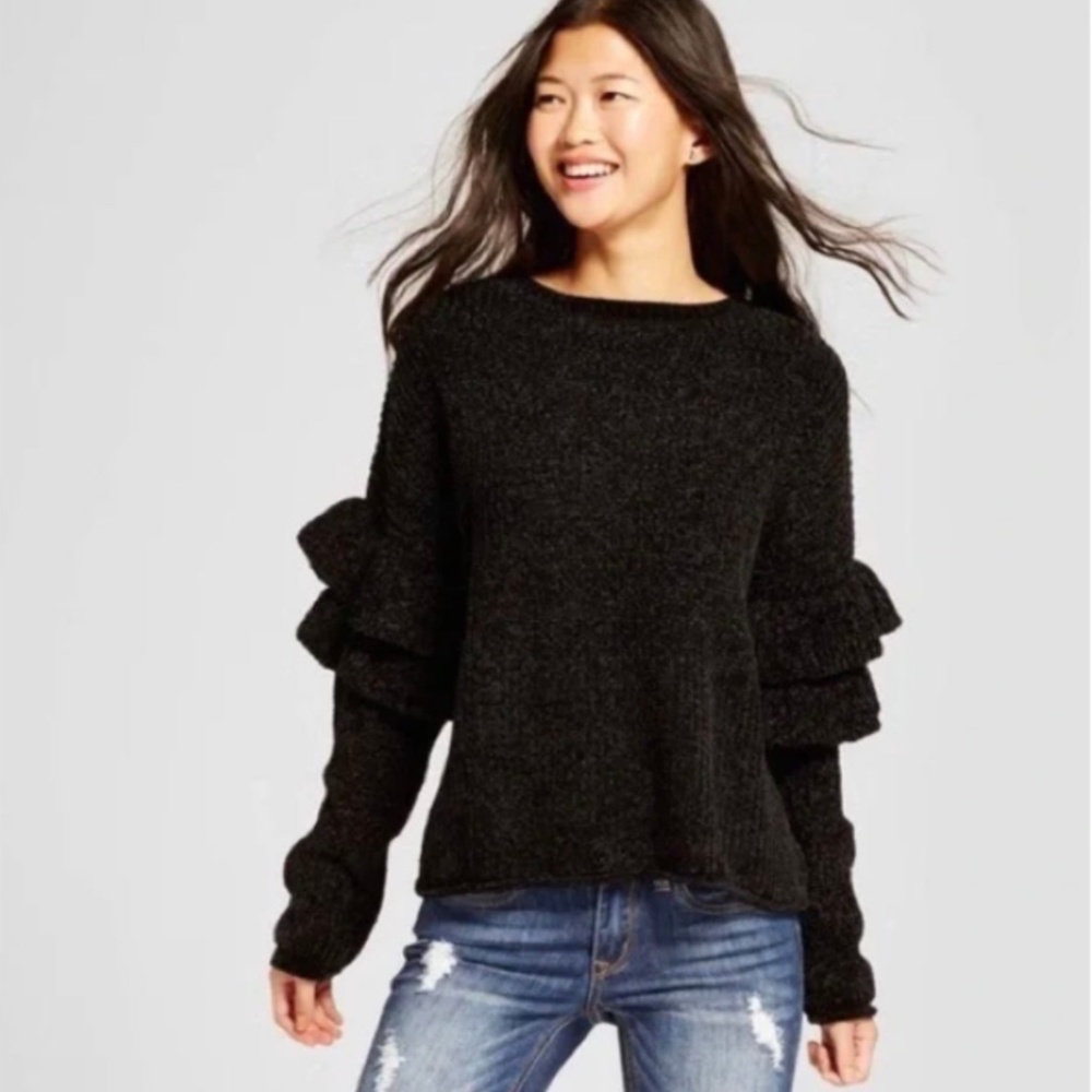 Mossimo Black Chenille Ruffle Sleeve Oversized Sweater | Black XS